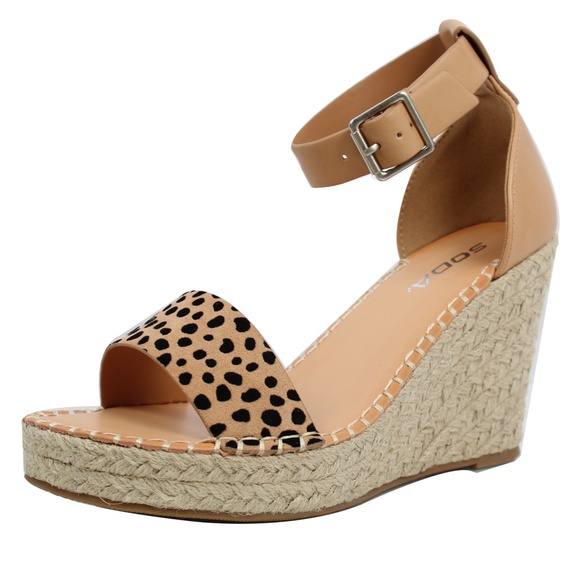 Shoes - Cheetah Open Toe Ankle Strap Espadrille Wedge